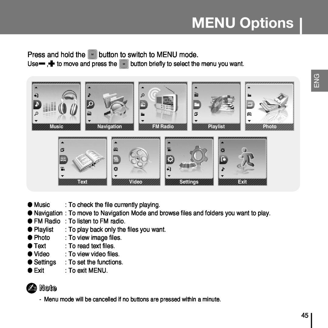 Samsung YP-T7FX, YP-T7FZ, YP-T7FQ, YP-T7FV manual MENU Options, Press and hold the button to switch to MENU mode 