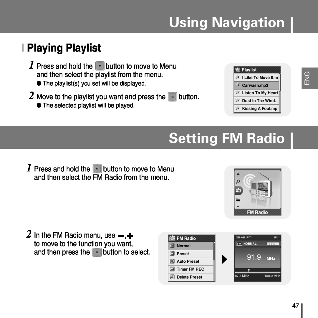 Samsung YP-T7FV Setting FM Radio, I Playing Playlist, Move to the playlist you want and press the button, button to select 