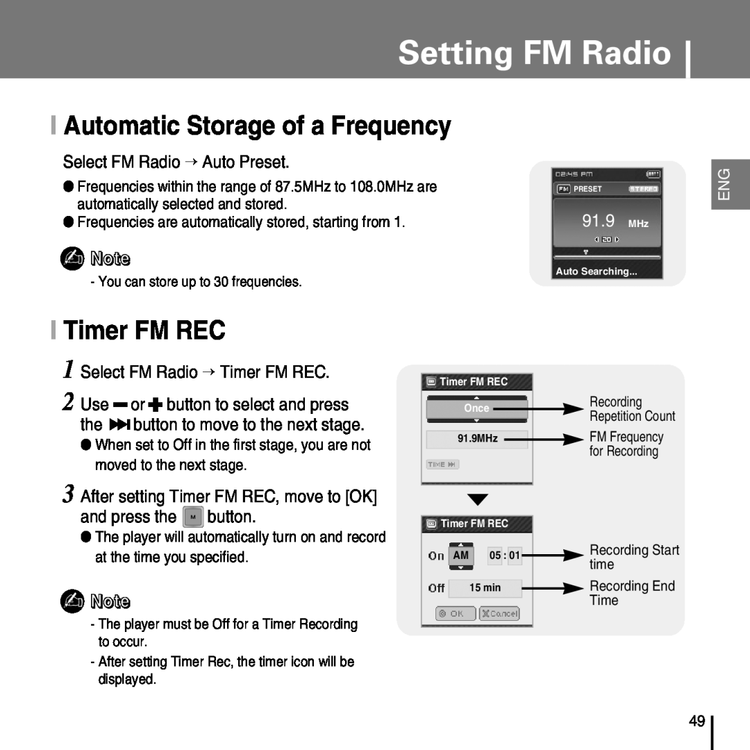 Samsung YP-T7FX I Automatic Storage of a Frequency, I Timer FM REC, Select FM Radio → Auto Preset, and press the button 