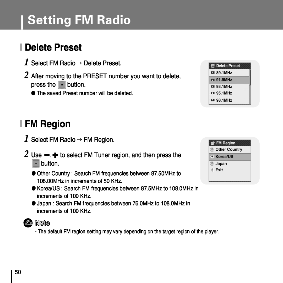 Samsung YP-T7FQ, YP-T7FZ I Delete Preset, I FM Region, Select FM Radio → Delete Preset, press the button, Setting FM Radio 
