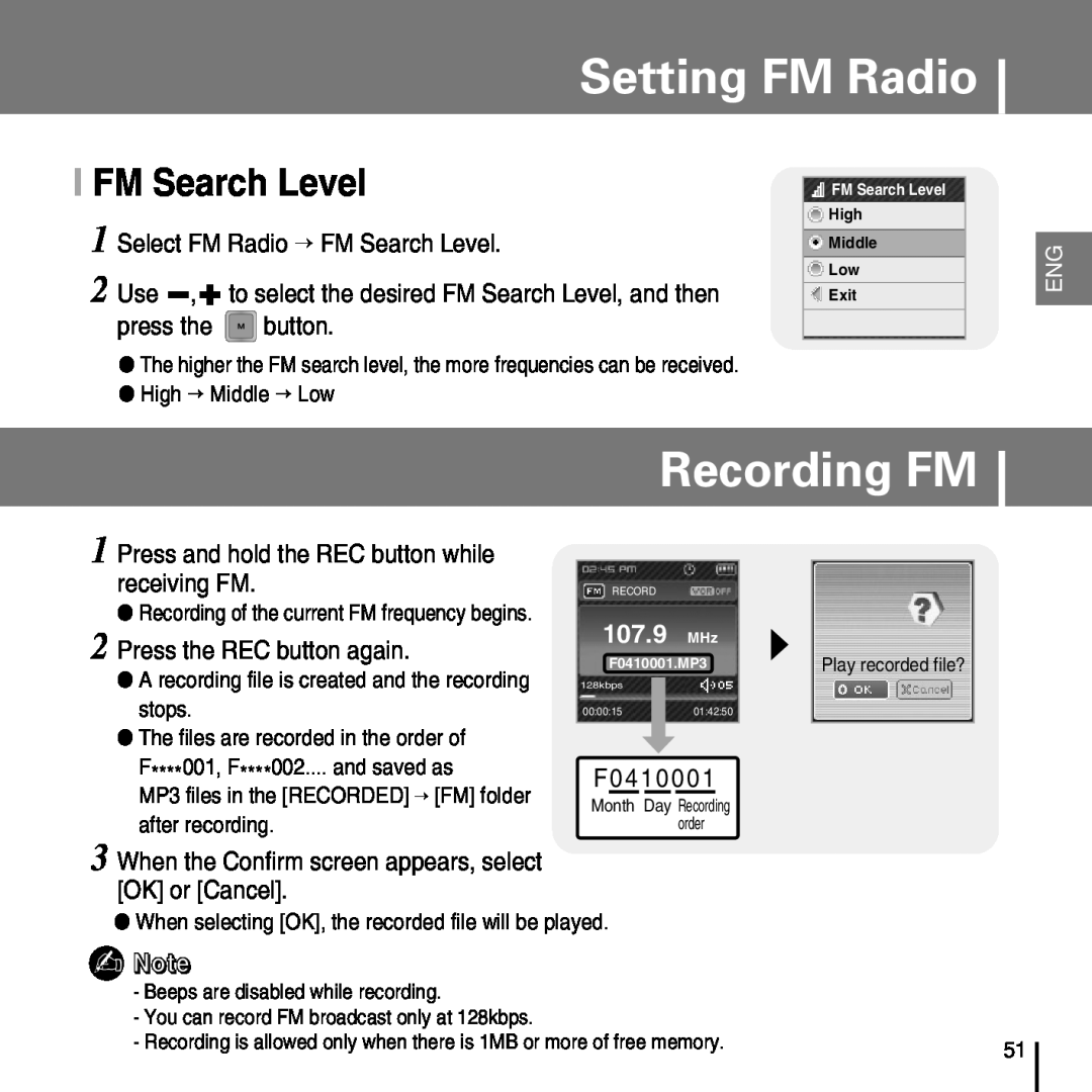 Samsung YP-T7FV Recording FM, I FM Search Level, Select FM Radio → FM Search Level, Press the REC button again, 2 Use 