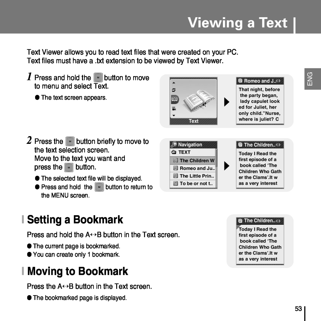 Samsung YP-T7FX Viewing a Text, I Setting a Bookmark, I Moving to Bookmark, Move to the text you want and press the button 
