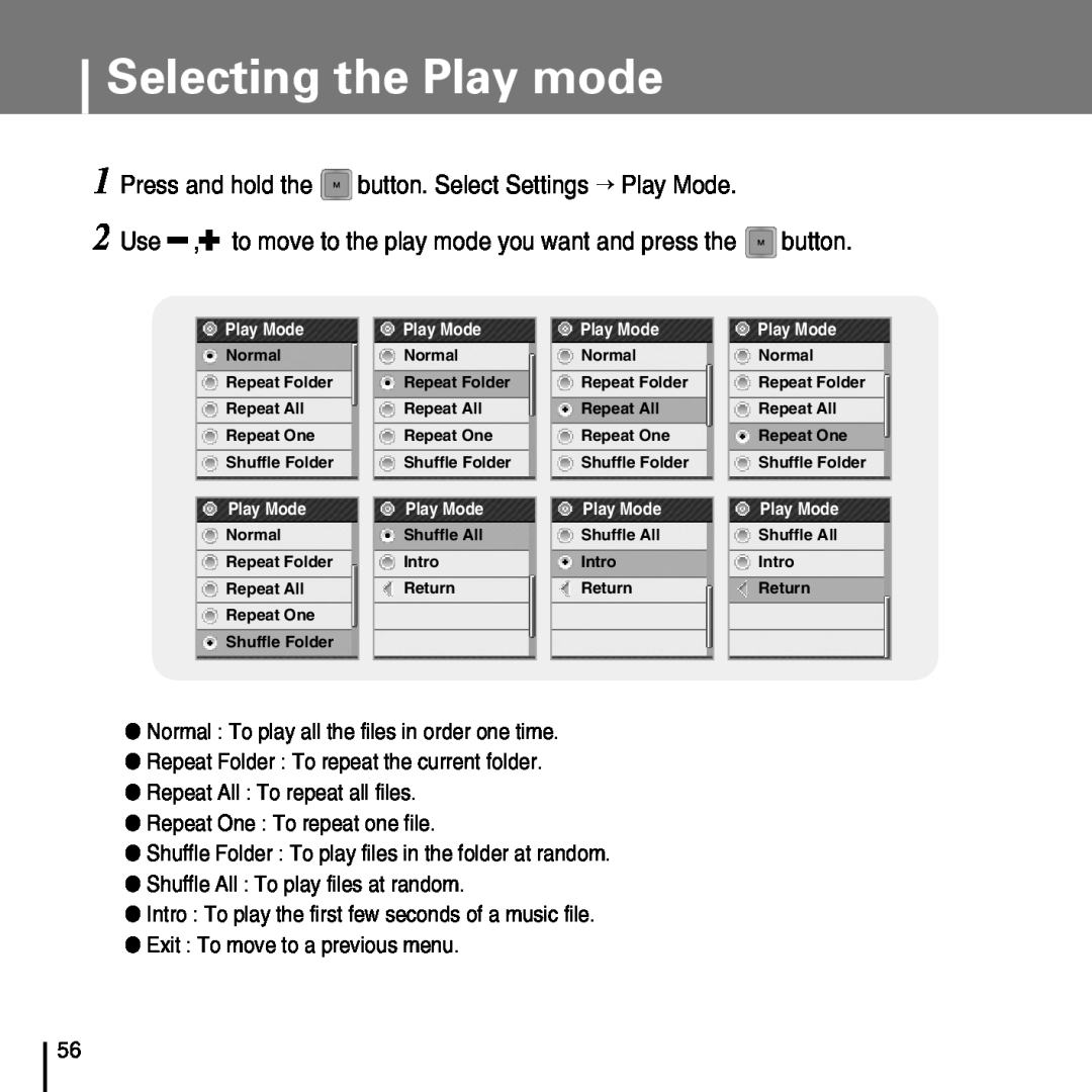 Samsung YP-T7FZ, YP-T7FX, YP-T7FQ, YP-T7FV Selecting the Play mode, Press and hold the button. Select Settings → Play Mode 