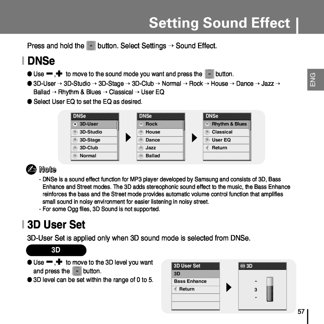 Samsung YP-T7FX Setting Sound Effect, I DNSe, I 3D User Set, Press and hold the button. Select Settings → Sound Effect 