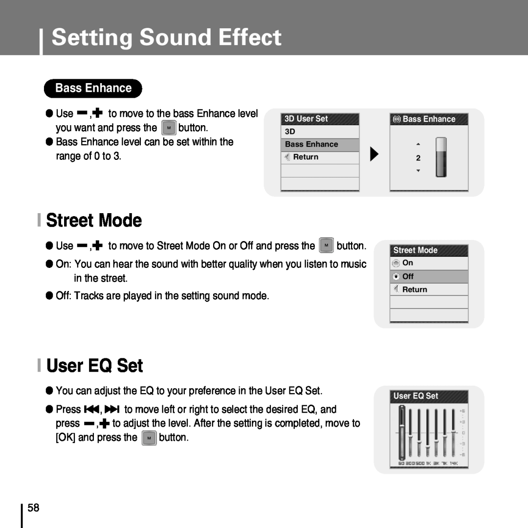 Samsung YP-T7FQ, YP-T7FZ, YP-T7FX, YP-T7FV manual I Street Mode, I User EQ Set, Bass Enhance, Setting Sound Effect 