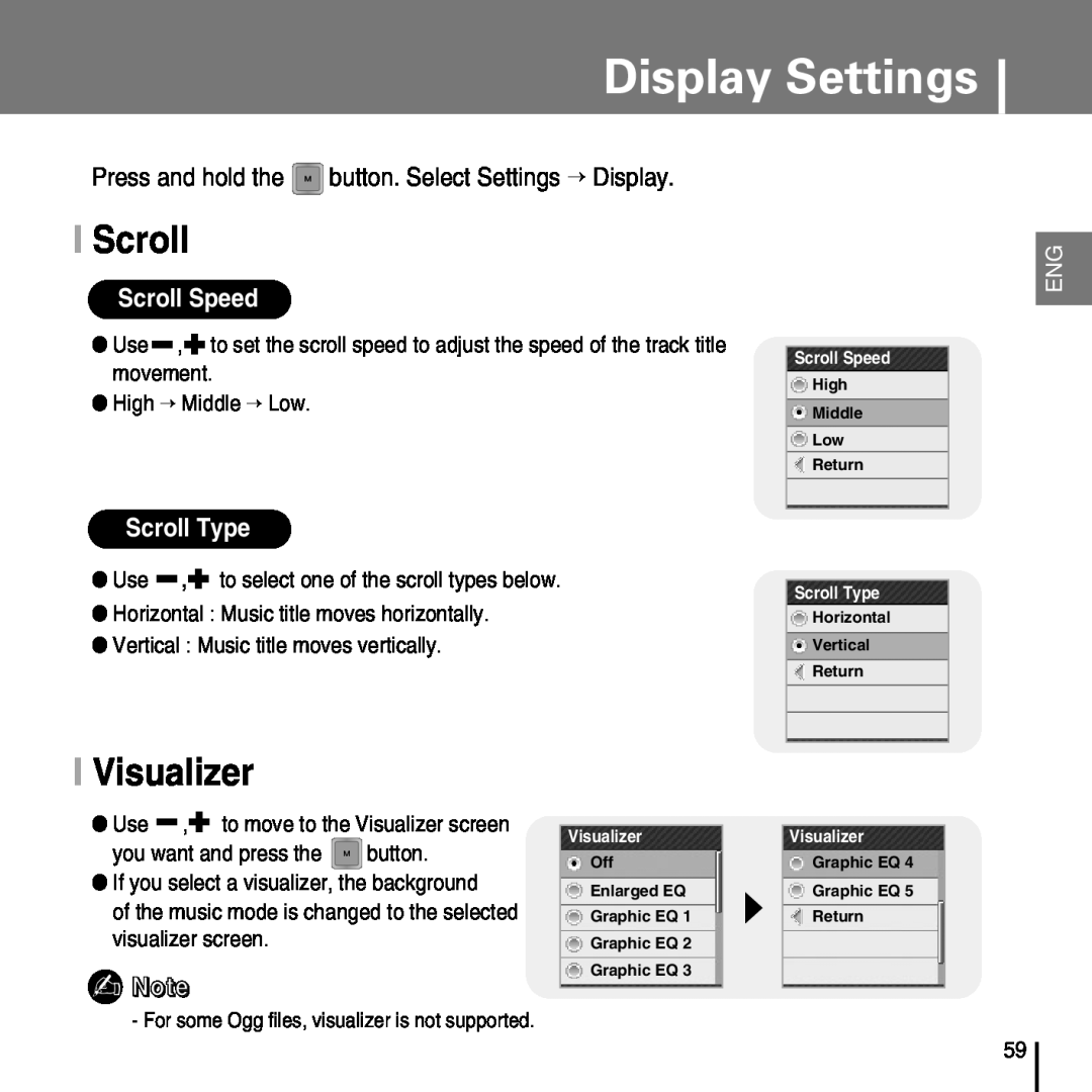 Samsung YP-T7FV, YP-T7FZ Display Settings, I Scroll, I Visualizer, Press and hold the button. Select Settings → Display 