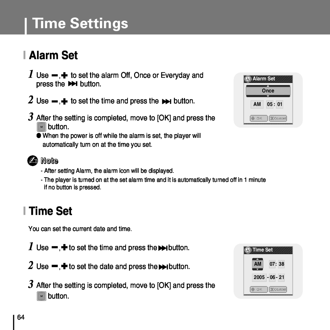 Samsung YP-T7FZ, YP-T7FX, YP-T7FQ, YP-T7FV manual I Alarm Set, I Time Set, Time Settings 