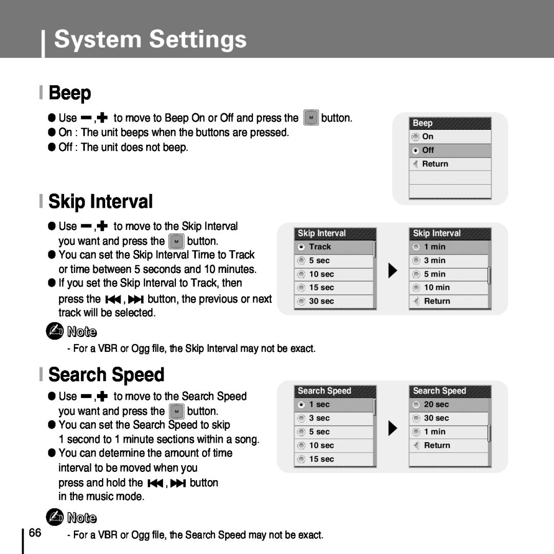 Samsung YP-T7FQ, YP-T7FZ, YP-T7FX, YP-T7FV manual I Beep, I Skip Interval, I Search Speed, System Settings 