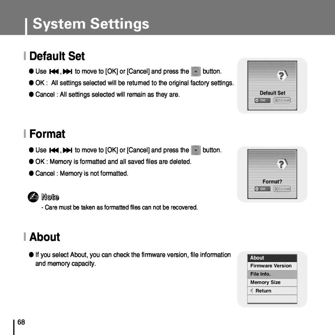 Samsung YP-T7FZ, YP-T7FX, YP-T7FQ, YP-T7FV manual I Default Set, I Format, I About, System Settings 