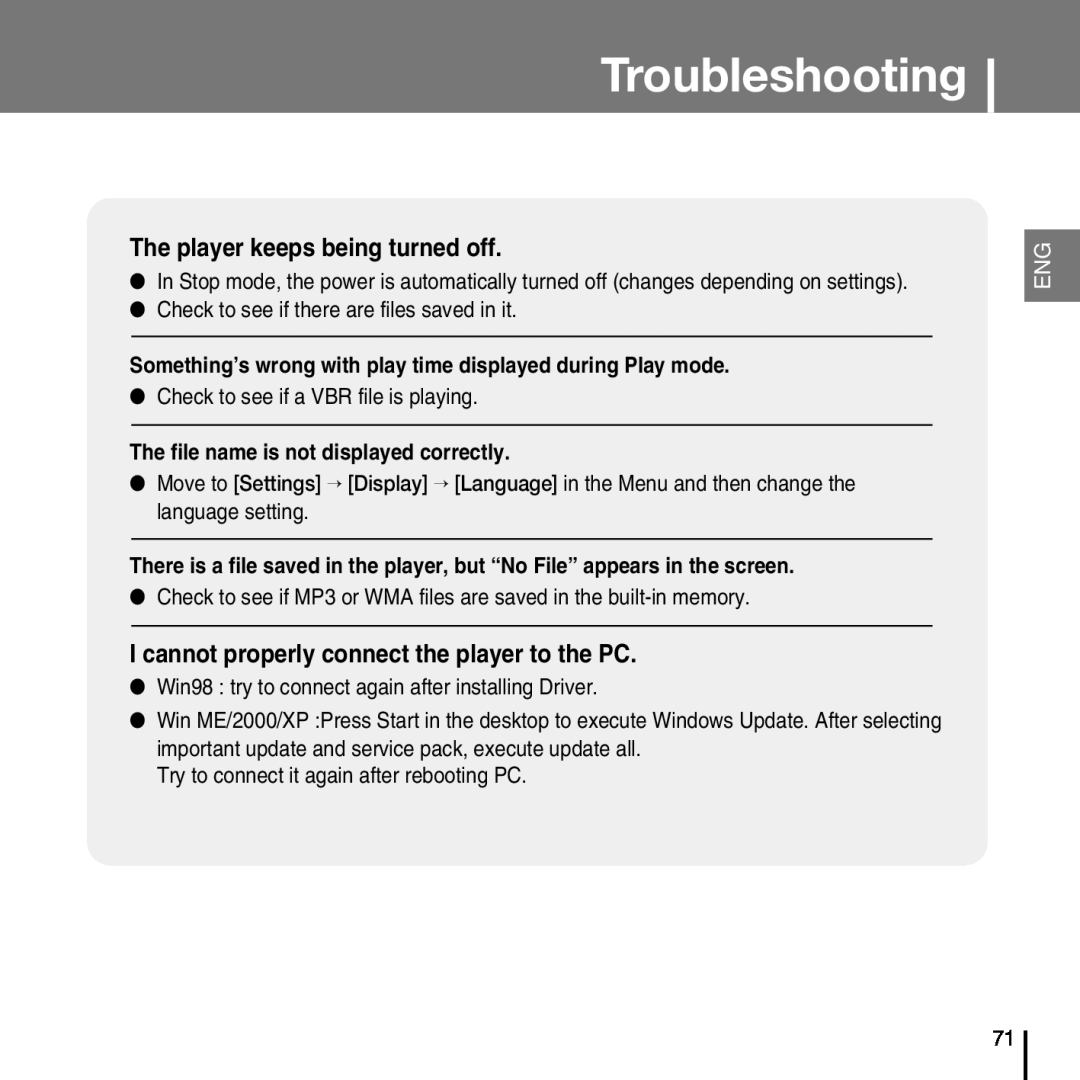 Samsung YP-T7FV manual The player keeps being turned off, I cannot properly connect the player to the PC, Troubleshooting 