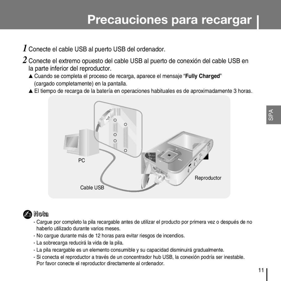 Samsung YP-T7FZS/XET, YP-T7FZS/XEF, YP-T7FXB/ELS, YP-T7FZS/ELS manual Precauciones para recargar 