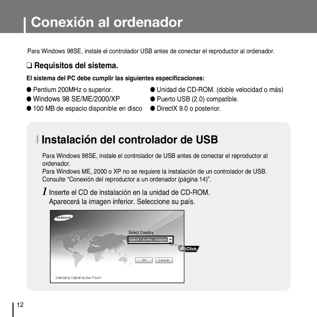 Samsung YP-T7FZS/XEF, YP-T7FXB/ELS Conexión al ordenador, Instalación del controlador de USB, Windows 98 SE/ME/2000/XP 