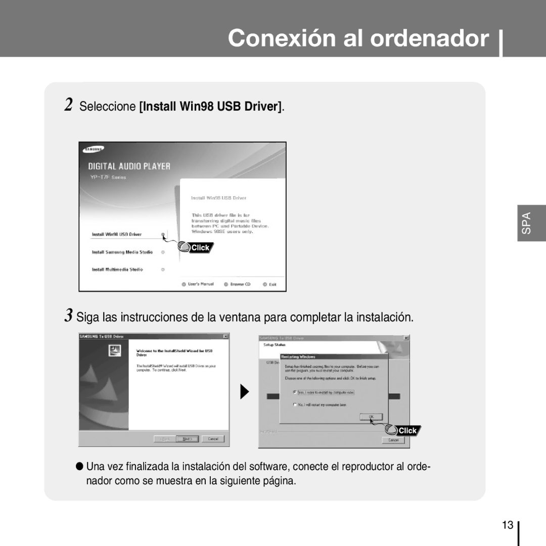 Samsung YP-T7FXB/ELS, YP-T7FZS/XEF, YP-T7FZS/ELS, YP-T7FZS/XET manual Seleccione Install Win98 USB Driver 