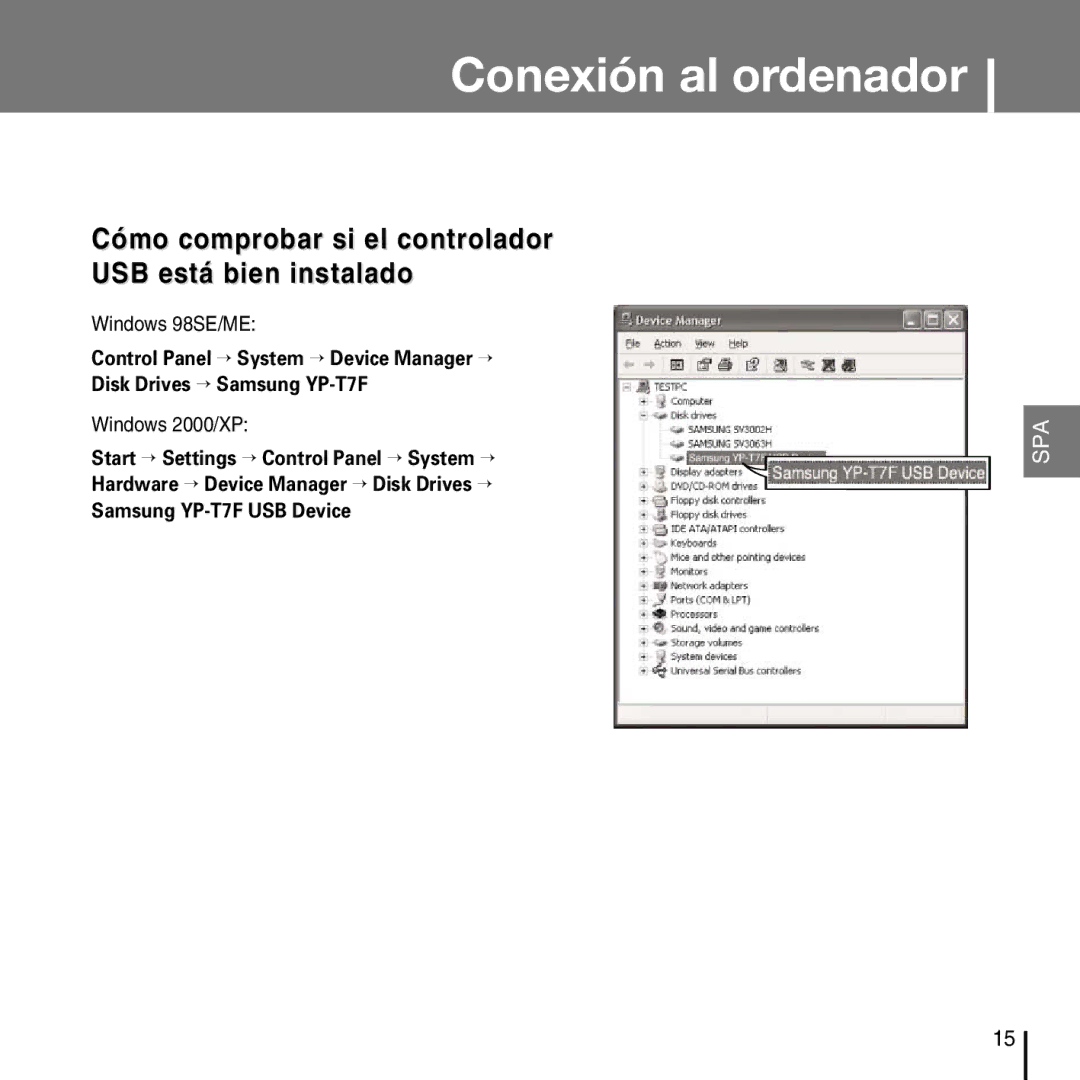 Samsung YP-T7FZS/XET, YP-T7FZS/XEF, YP-T7FXB/ELS, YP-T7FZS/ELS manual Cómo comprobar si el controlador USB está bien instalado 