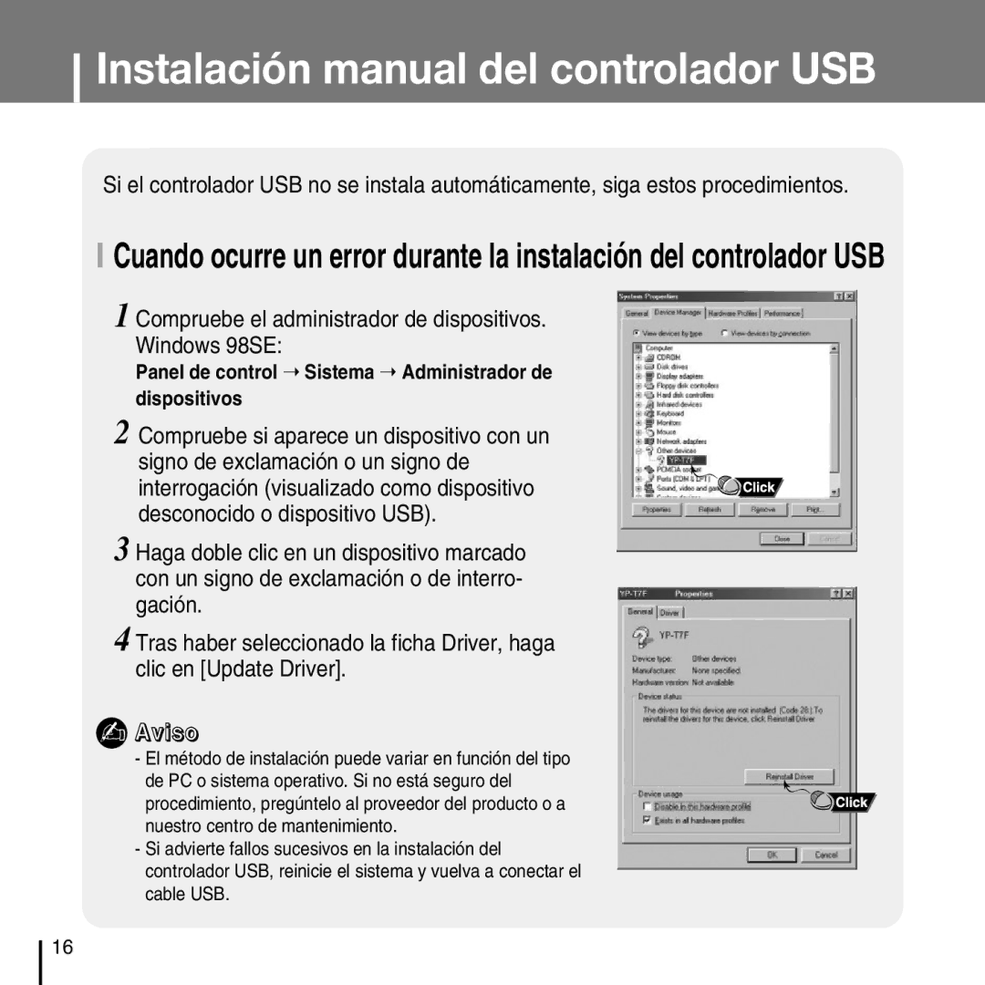 Samsung YP-T7FZS/XEF Instalación manual del controlador USB, Compruebe el administrador de dispositivos. Windows 98SE 