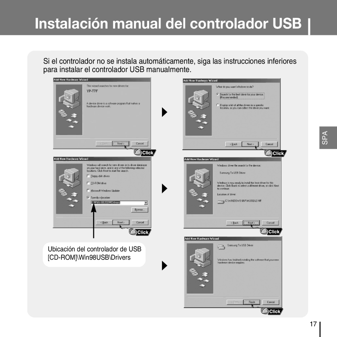 Samsung YP-T7FXB/ELS, YP-T7FZS/XEF, YP-T7FZS/ELS, YP-T7FZS/XET manual Ubicación del controlador de USB CD-ROM\Win98USB\Drivers 