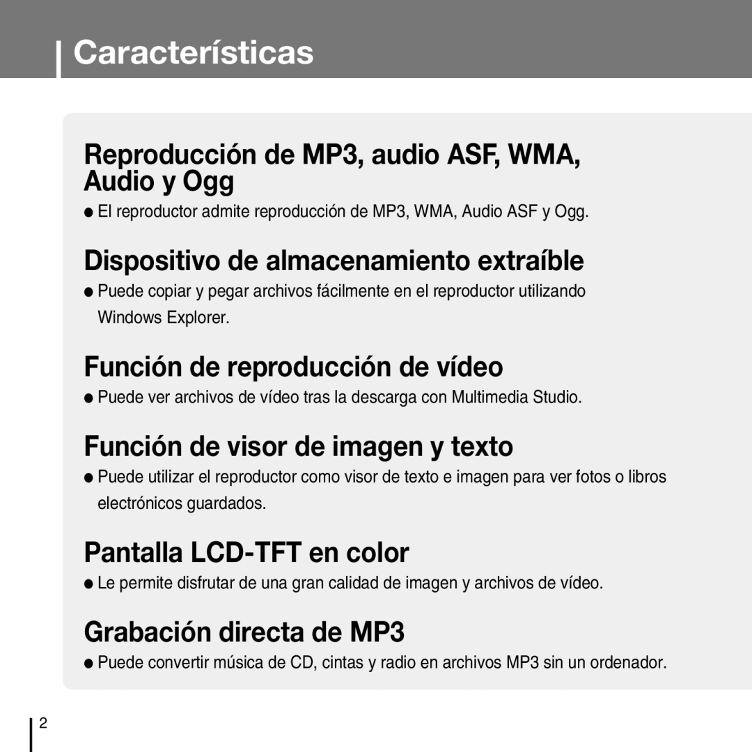 Samsung YP-T7FZS/ELS, YP-T7FZS/XEF, YP-T7FXB/ELS, YP-T7FZS/XET manual Características, Función de visor de imagen y texto 