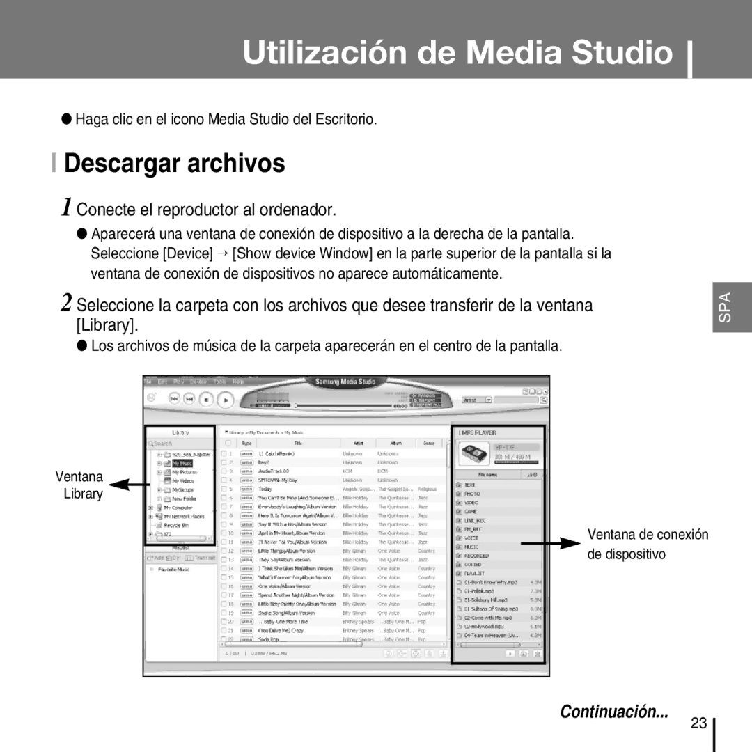 Samsung YP-T7FZS/XET, YP-T7FZS/XEF, YP-T7FXB/ELS, YP-T7FZS/ELS manual Descargar archivos, Conecte el reproductor al ordenador 