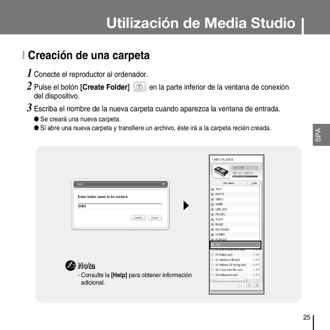 Samsung YP-T7FXB/ELS, YP-T7FZS/XEF, YP-T7FZS/ELS, YP-T7FZS/XET manual Creación de una carpeta 