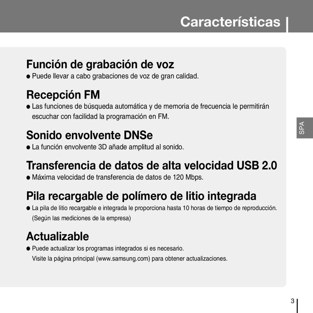 Samsung YP-T7FZS/XET, YP-T7FZS/XEF, YP-T7FXB/ELS, YP-T7FZS/ELS manual Puede llevar a cabo grabaciones de voz de gran calidad 