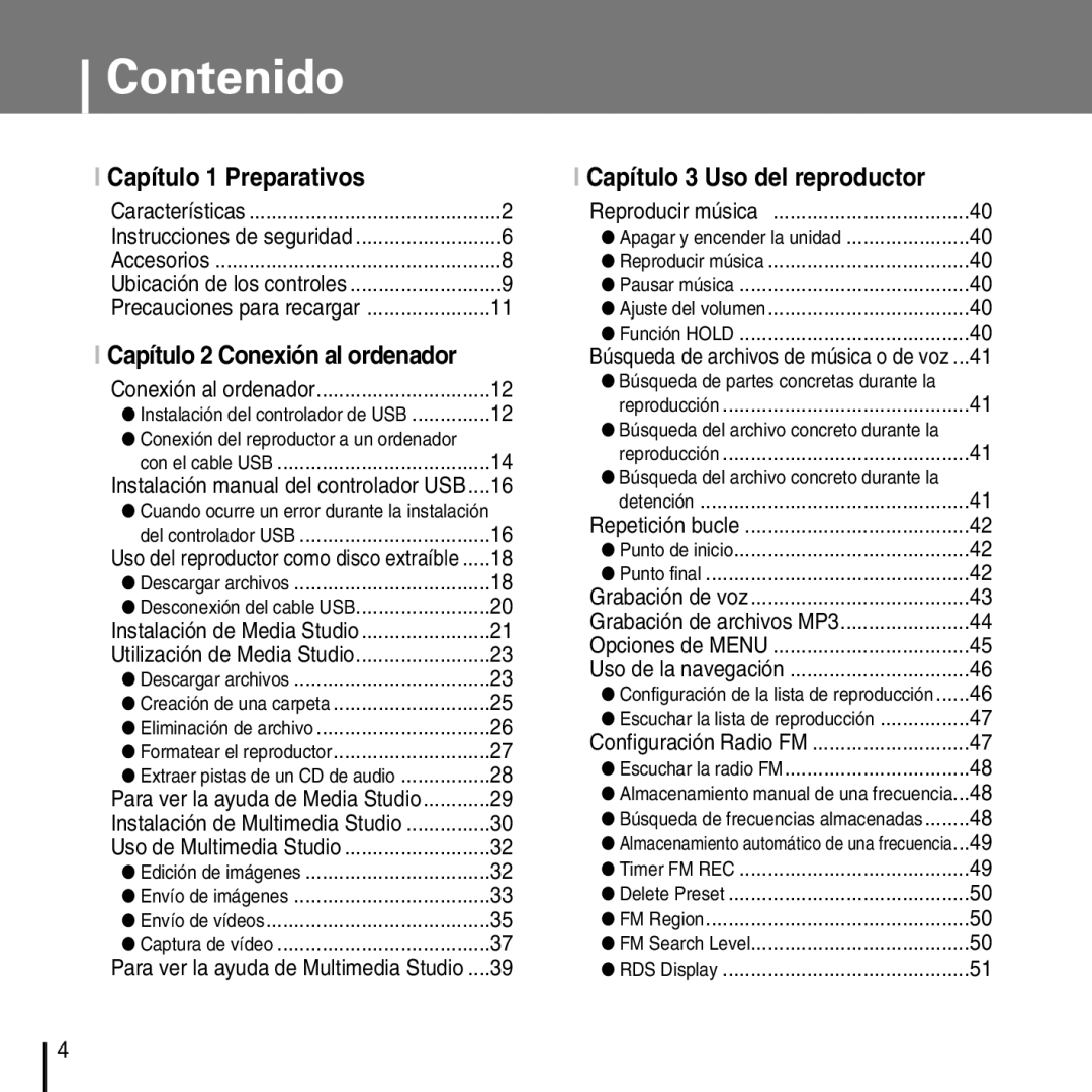 Samsung YP-T7FZS/XEF, YP-T7FXB/ELS, YP-T7FZS/ELS, YP-T7FZS/XET manual Contenido, Capítulo 1 Preparativos 