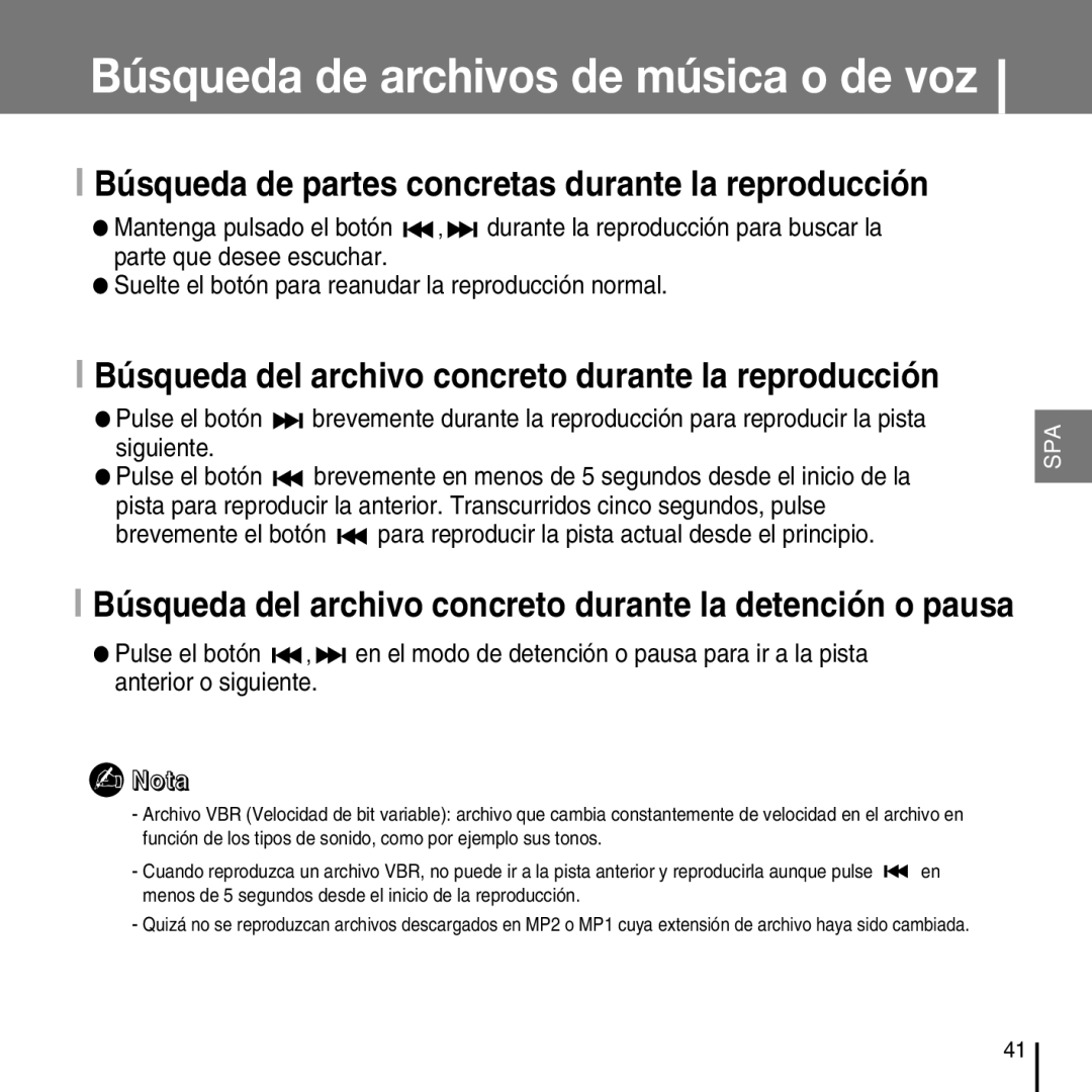 Samsung YP-T7FXB/ELS manual Búsqueda de archivos de música o de voz, Búsqueda de partes concretas durante la reproducción 