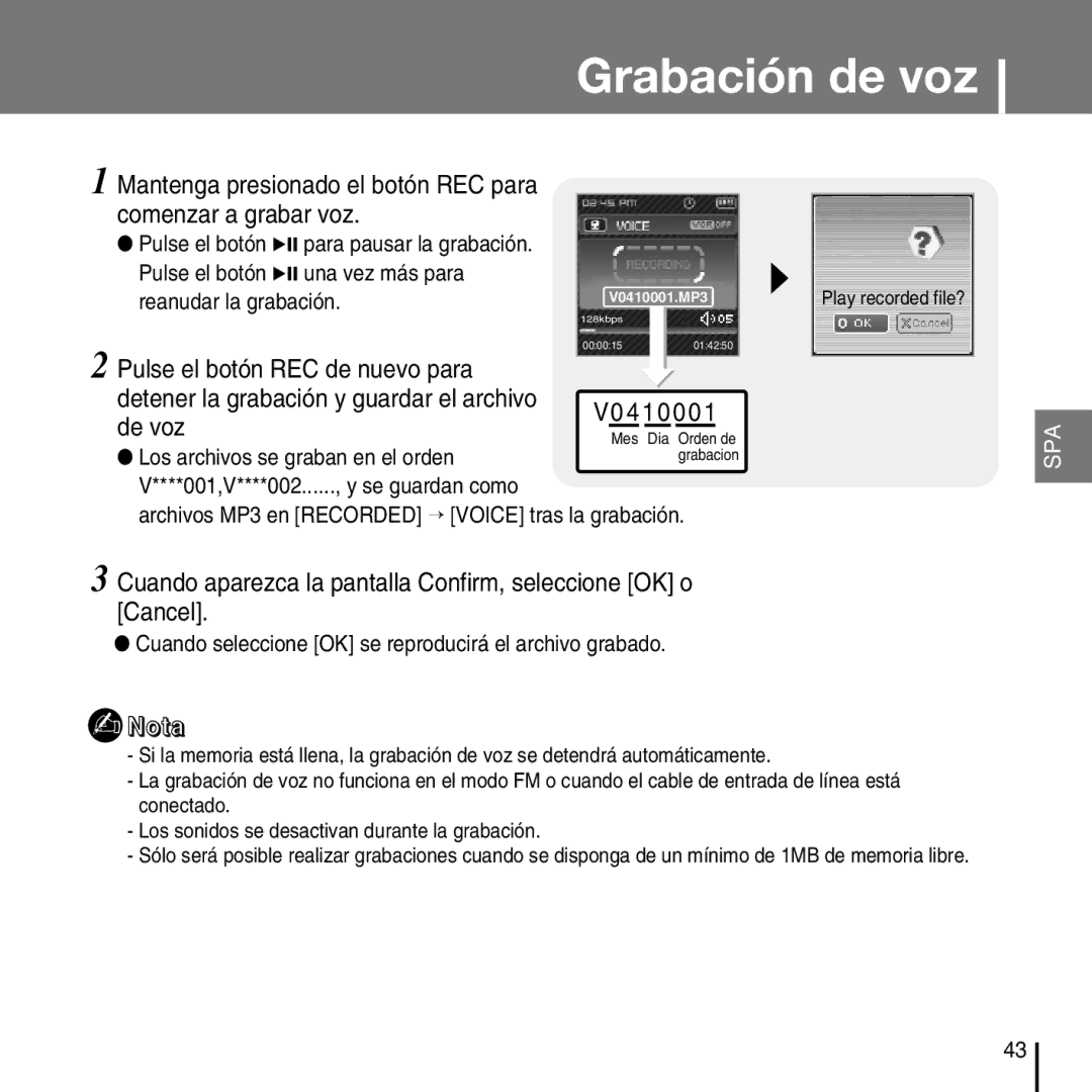 Samsung YP-T7FZS/XET, YP-T7FZS/XEF, YP-T7FXB/ELS, YP-T7FZS/ELS manual Grabación de voz 