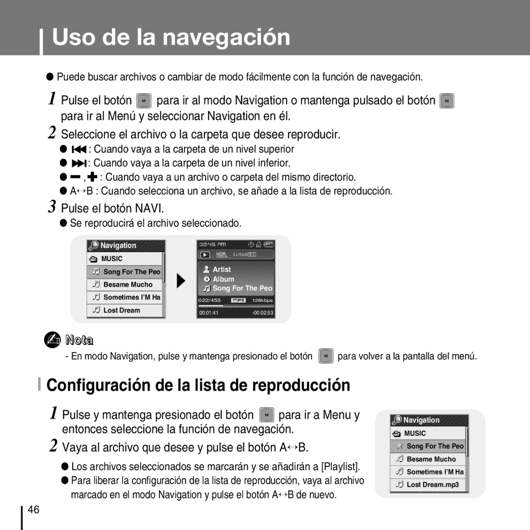 Samsung YP-T7FZS/ELS, YP-T7FZS/XEF Uso de la navegación, Configuración de la lista de reproducción, Pulse el botón Navi 