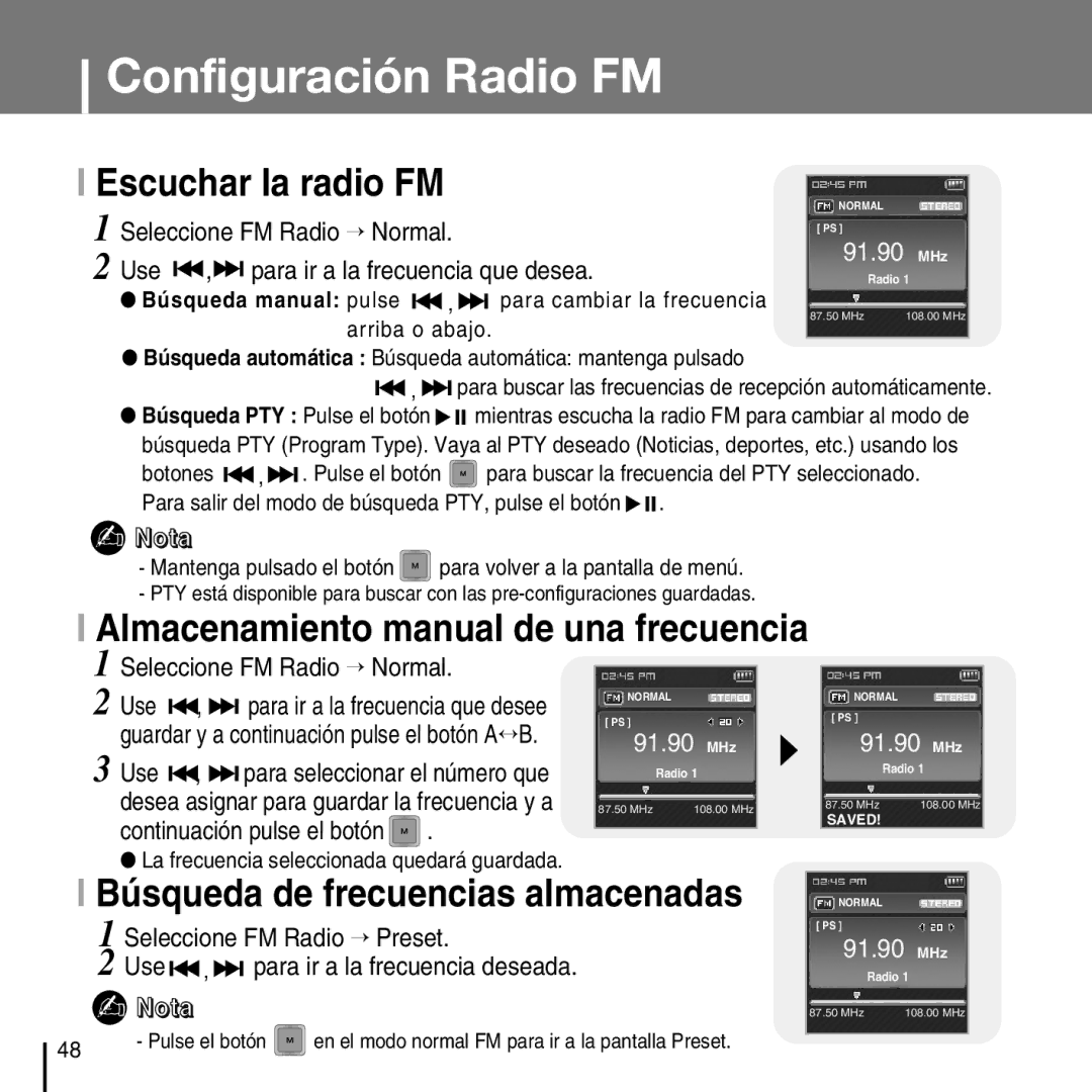 Samsung YP-T7FZS/XEF Escuchar la radio FM, Almacenamiento manual de una frecuencia, Búsqueda de frecuencias almacenadas 