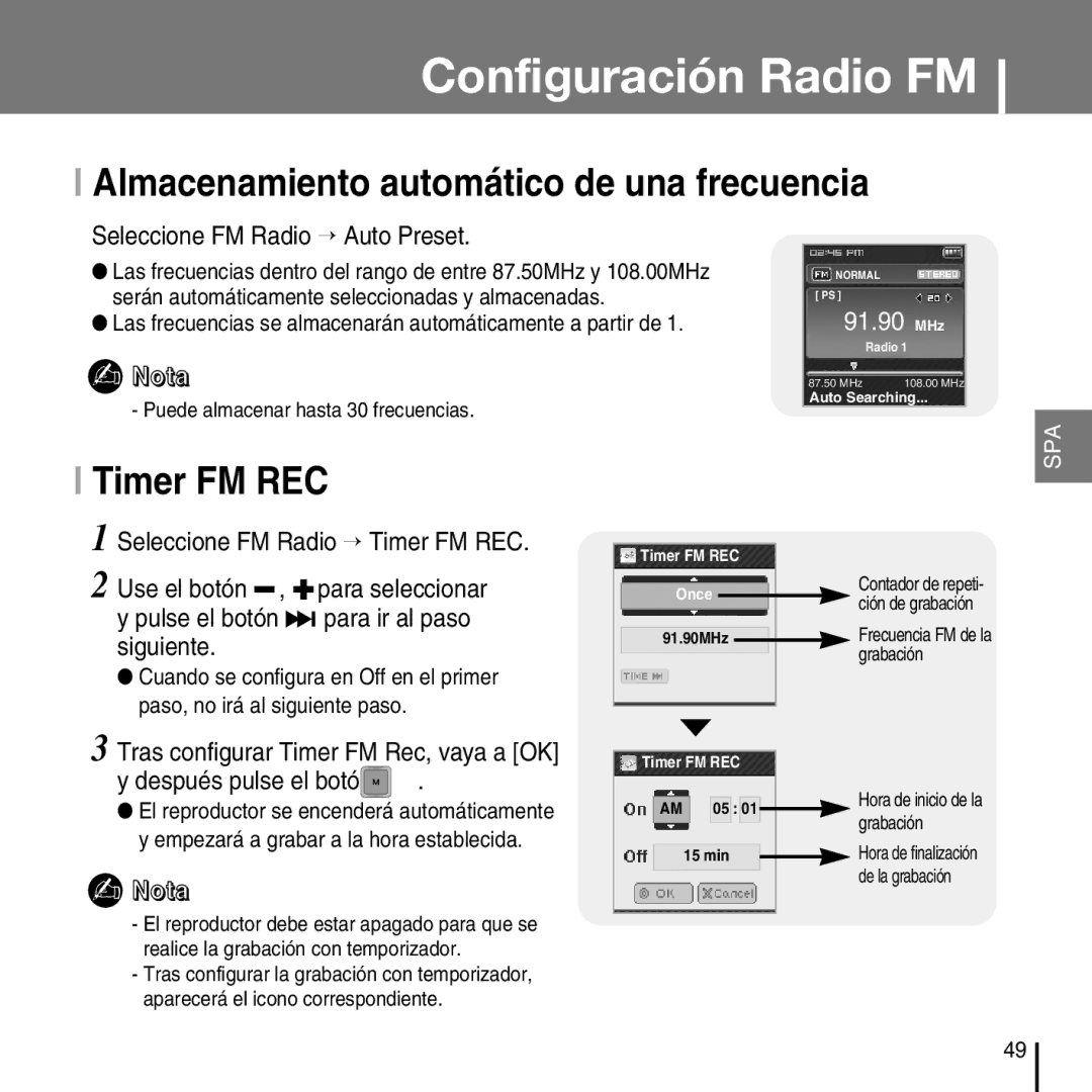 Samsung YP-T7FXB/ELS manual Almacenamiento automático de una frecuencia, Timer FM REC, Seleccione FM Radio → Auto Preset 