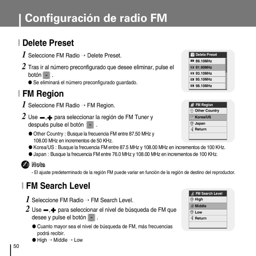 Samsung YP-T7FZS/ELS manual Configuración de radio FM, Delete Preset, FM Search Level, Seleccione FM Radio → FM Region 