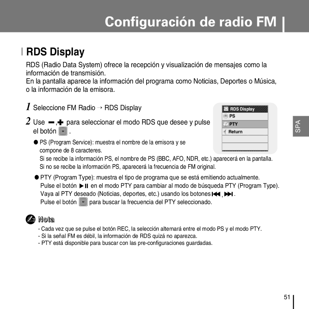 Samsung YP-T7FZS/XET, YP-T7FZS/XEF manual RDS Display, Use , para seleccionar el modo RDS que desee y pulse, El botón 