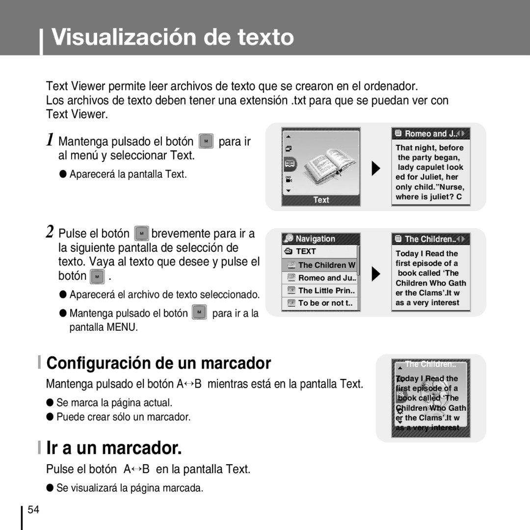 Samsung YP-T7FZS/ELS, YP-T7FZS/XEF, YP-T7FXB/ELS Visualización de texto, Ir a un marcador, Configuración de un marcador 