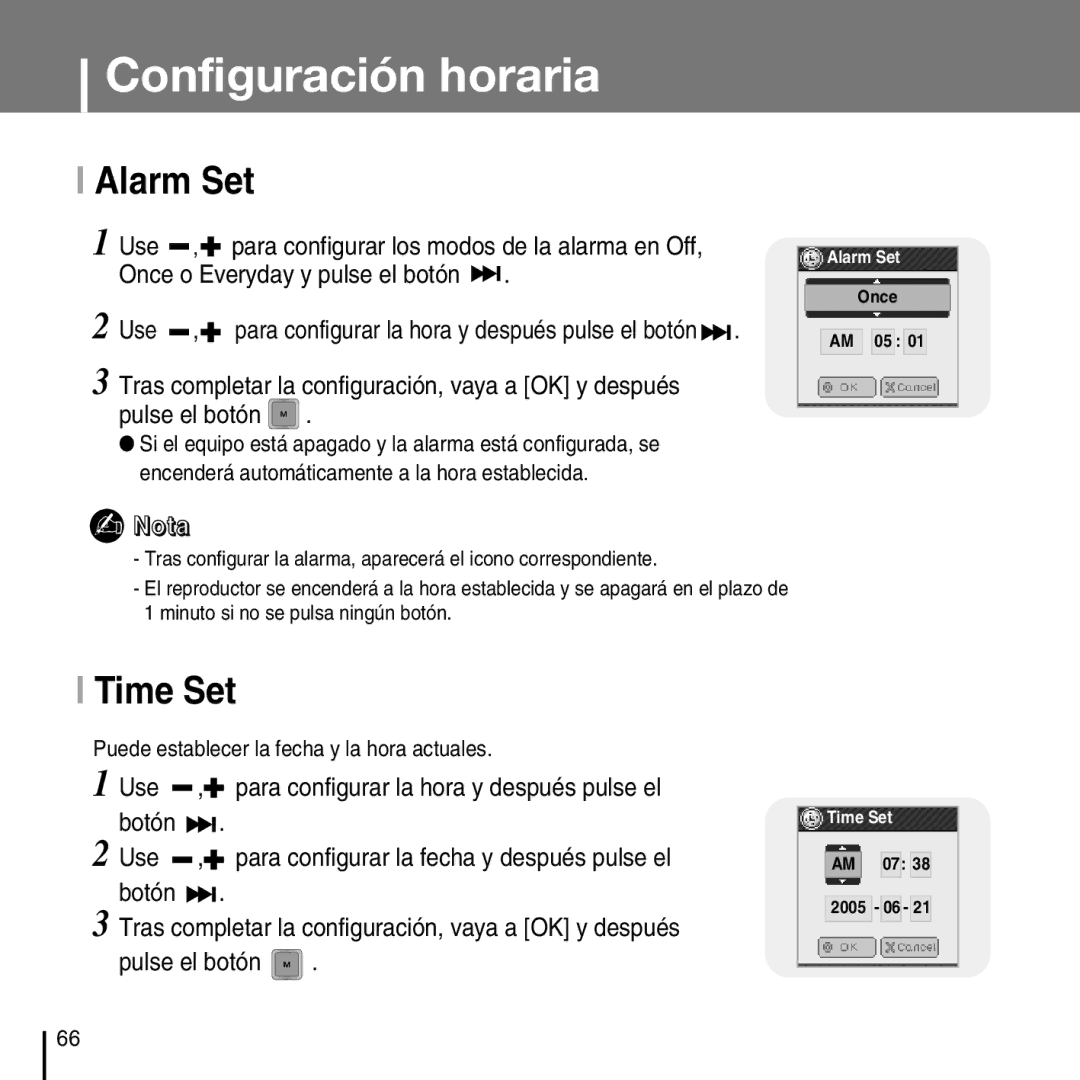 Samsung YP-T7FZS/ELS, YP-T7FZS/XEF, YP-T7FXB/ELS, YP-T7FZS/XET manual Alarm Set, Time Set 