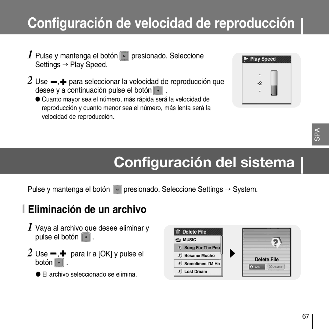 Samsung YP-T7FZS/XET, YP-T7FZS/XEF, YP-T7FXB/ELS, YP-T7FZS/ELS manual Configuración del sistema, Eliminación de un archivo 