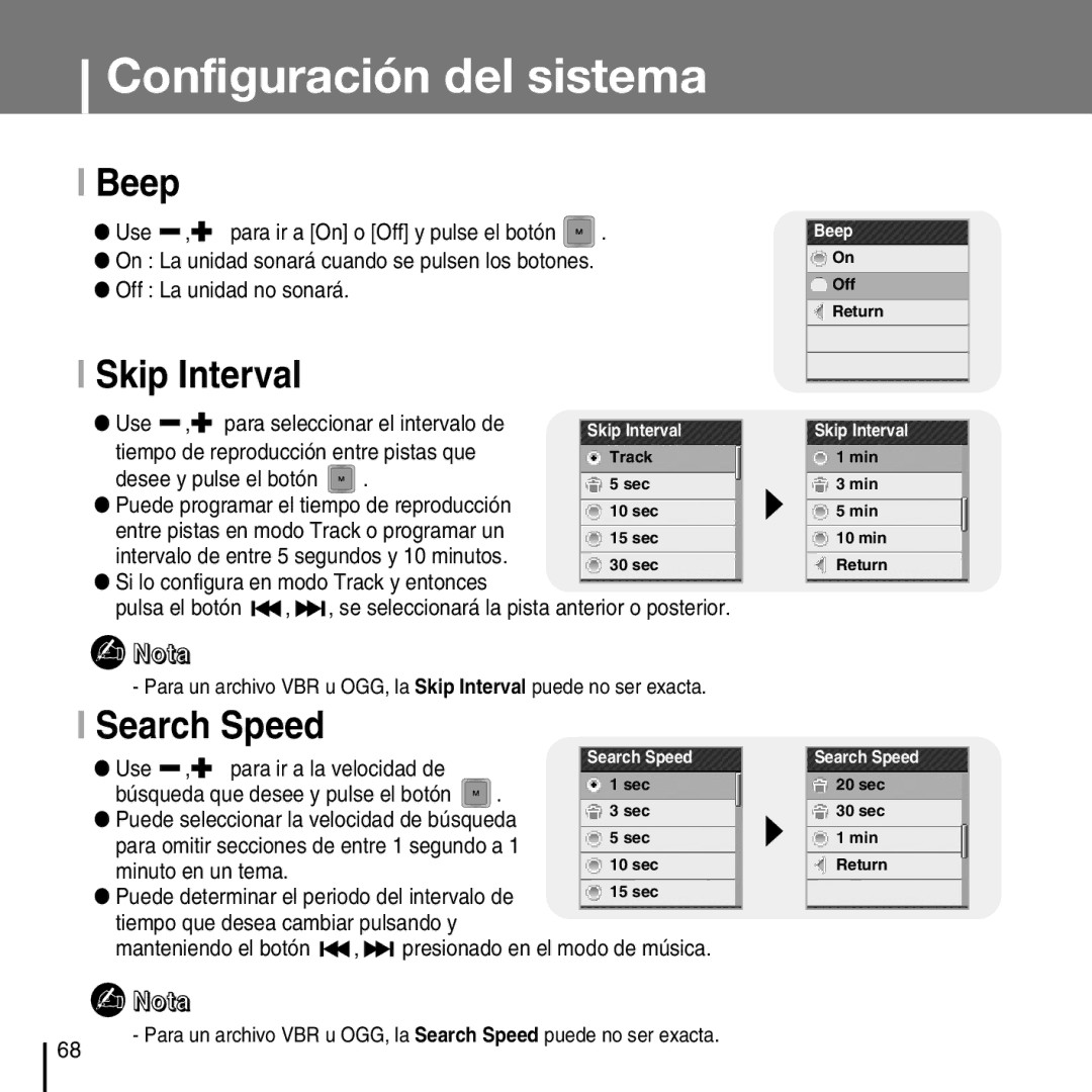 Samsung YP-T7FZS/XEF, YP-T7FXB/ELS, YP-T7FZS/ELS, YP-T7FZS/XET manual Beep, Skip Interval, Search Speed 