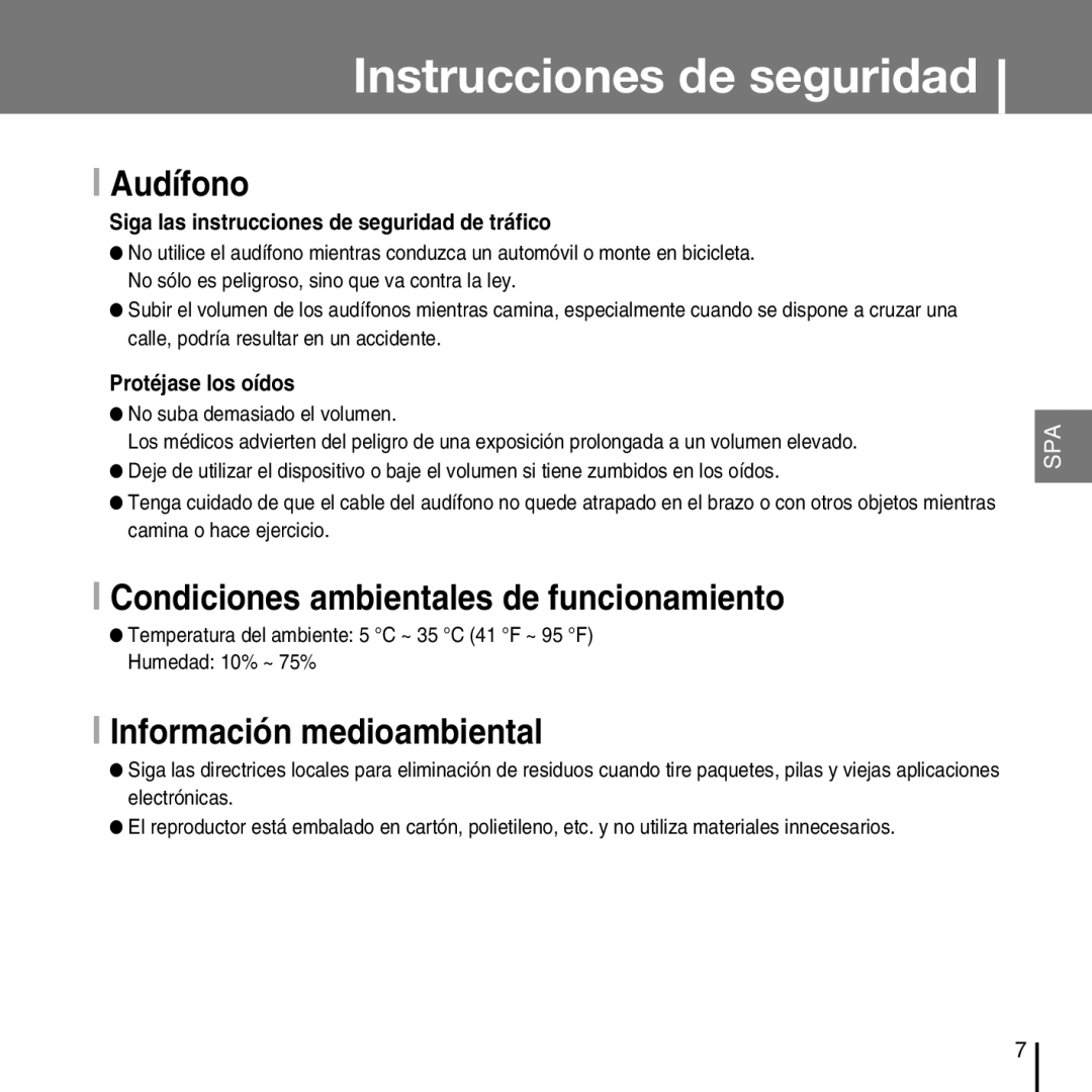 Samsung YP-T7FZS/XET, YP-T7FZS/XEF manual Audífono, Condiciones ambientales de funcionamiento, Información medioambiental 