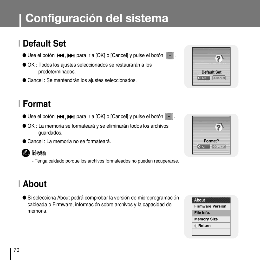 Samsung YP-T7FZS/ELS, YP-T7FZS/XEF, YP-T7FXB/ELS, YP-T7FZS/XET manual Default Set, Format, About 