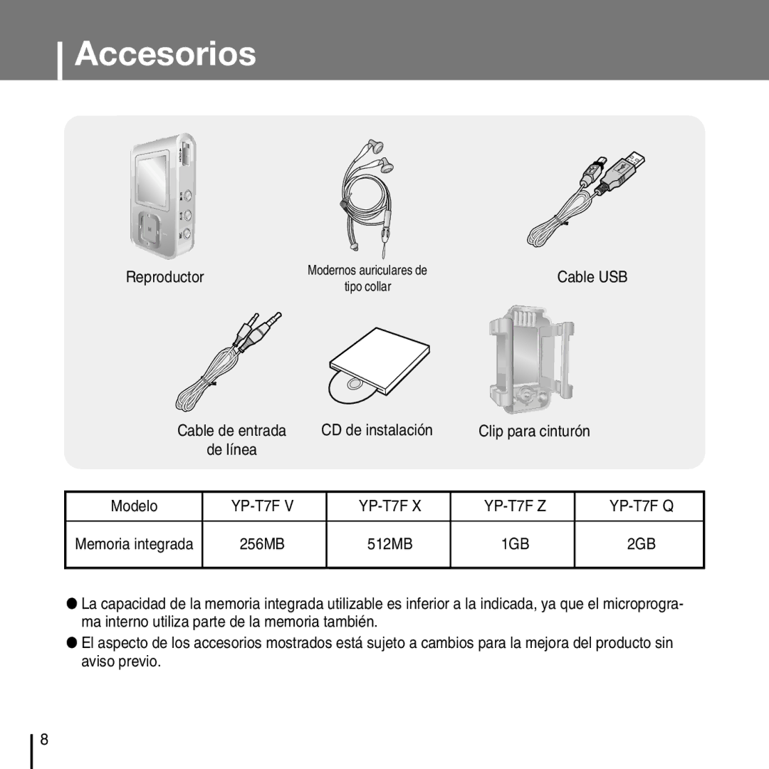 Samsung YP-T7FZS/XEF, YP-T7FXB/ELS, YP-T7FZS/ELS, YP-T7FZS/XET manual Accesorios 