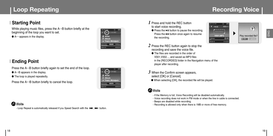 Samsung YP-T7J manual Loop Repeating Recording Voice, Starting Point, Ending Point 