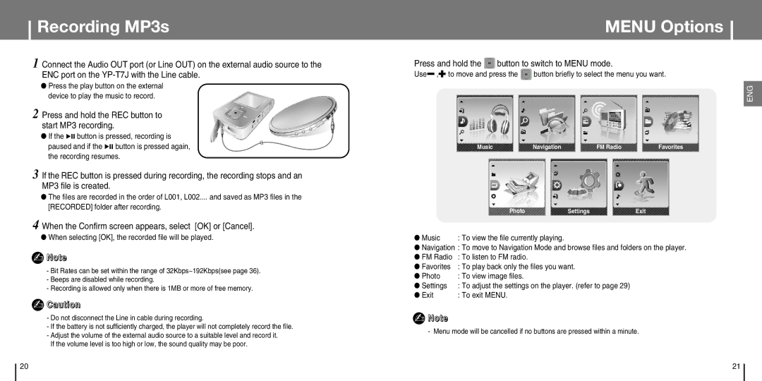 Samsung YP-T7J manual Recording MP3s, Menu Options, Press and hold the REC button to start MP3 recording 