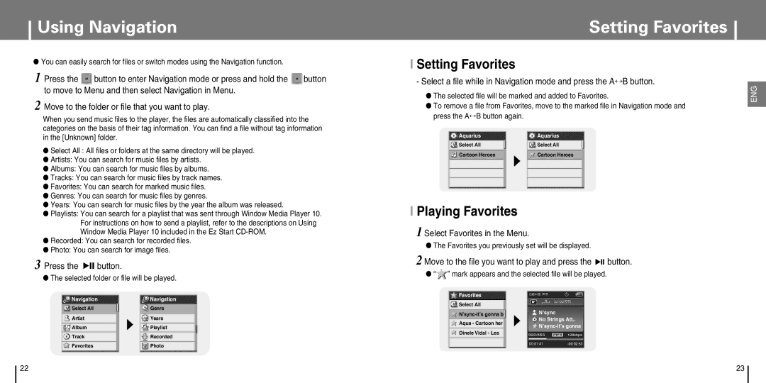 Samsung YP-T7J manual Using Navigation, Setting Favorites, Playing Favorites 