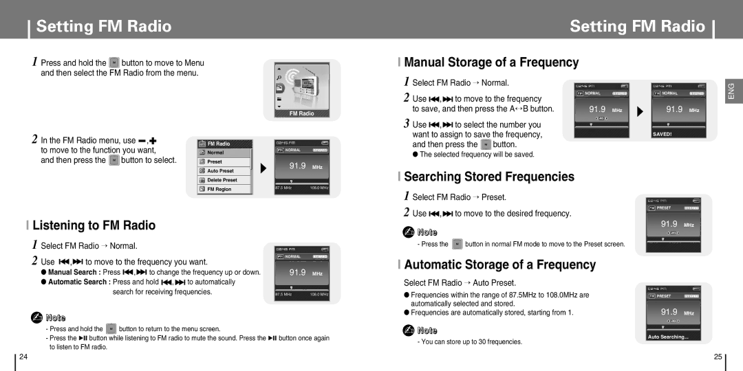 Samsung YP-T7J manual Setting FM Radio, Manual Storage of a Frequency, Searching Stored Frequencies, Listening to FM Radio 