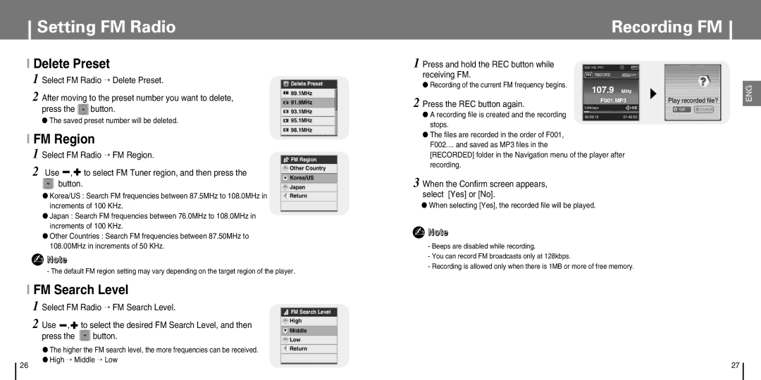 Samsung YP-T7J manual Setting FM Radio Recording FM, Delete Preset, FM Region, FM Search Level 