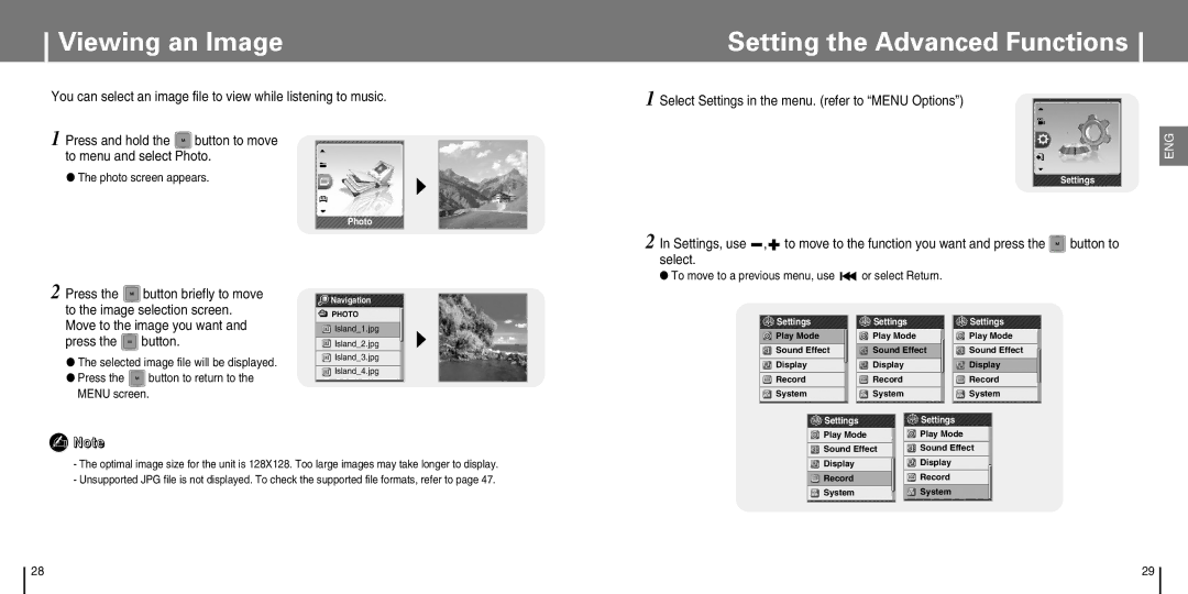 Samsung YP-T7J manual Viewing an Image, Setting the Advanced Functions, Photo screen appears 