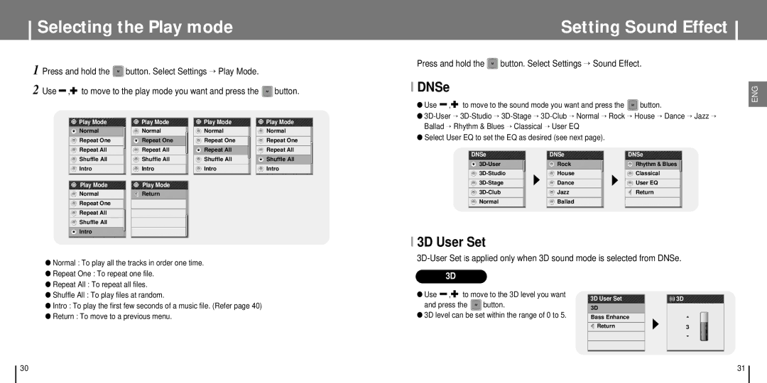 Samsung YP-T7J manual Selecting the Play mode, Setting Sound Effect, DNSe, 3D User Set 