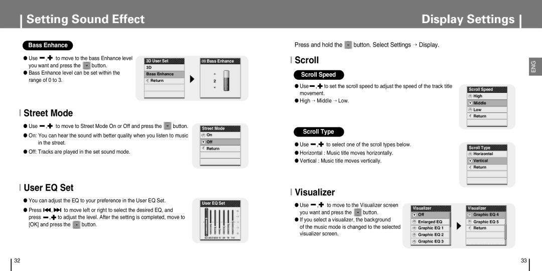 Samsung YP-T7J manual Display Settings, Scroll, Street Mode, User EQ Set, Visualizer 