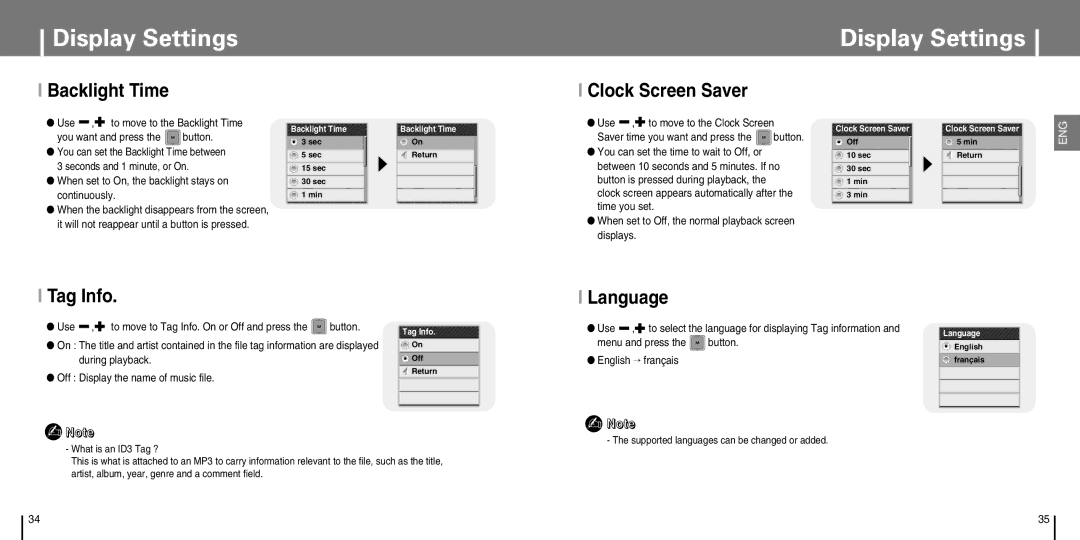 Samsung YP-T7J manual Backlight Time Clock Screen Saver, Tag Info, Language 