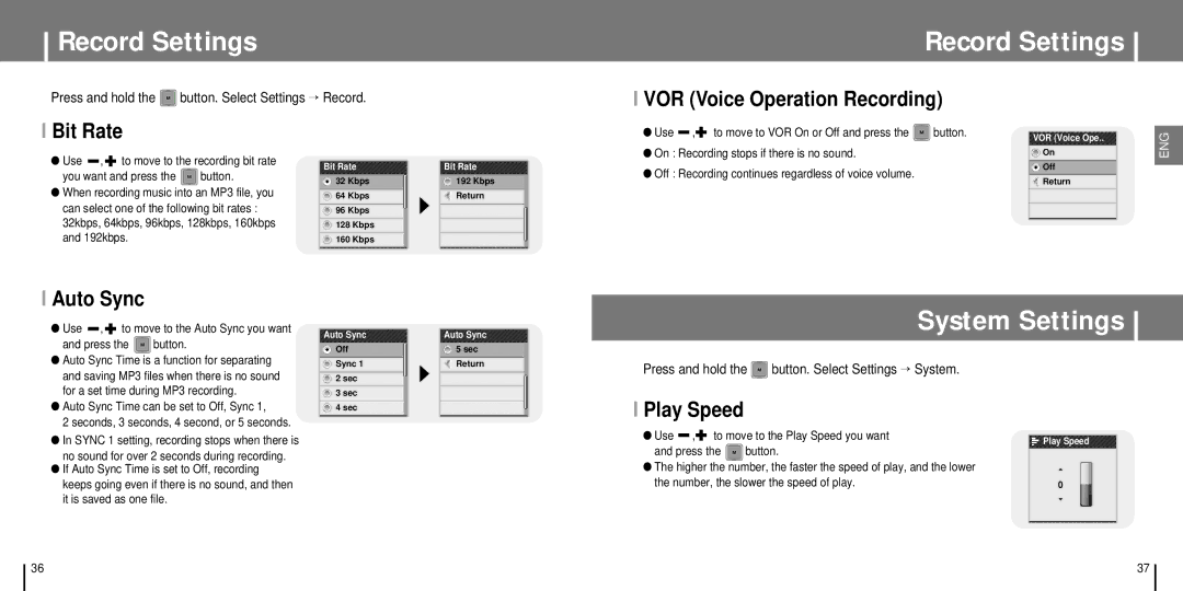 Samsung YP-T7J manual Record Settings, System Settings, VOR Voice Operation Recording Bit Rate, Auto Sync, Play Speed 