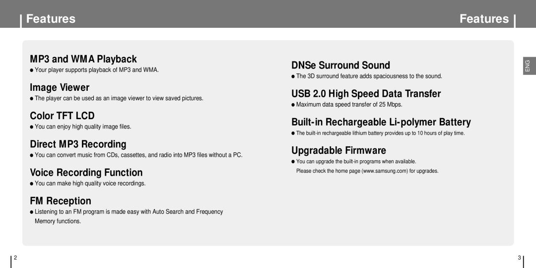 Samsung YP-T7J manual Features 